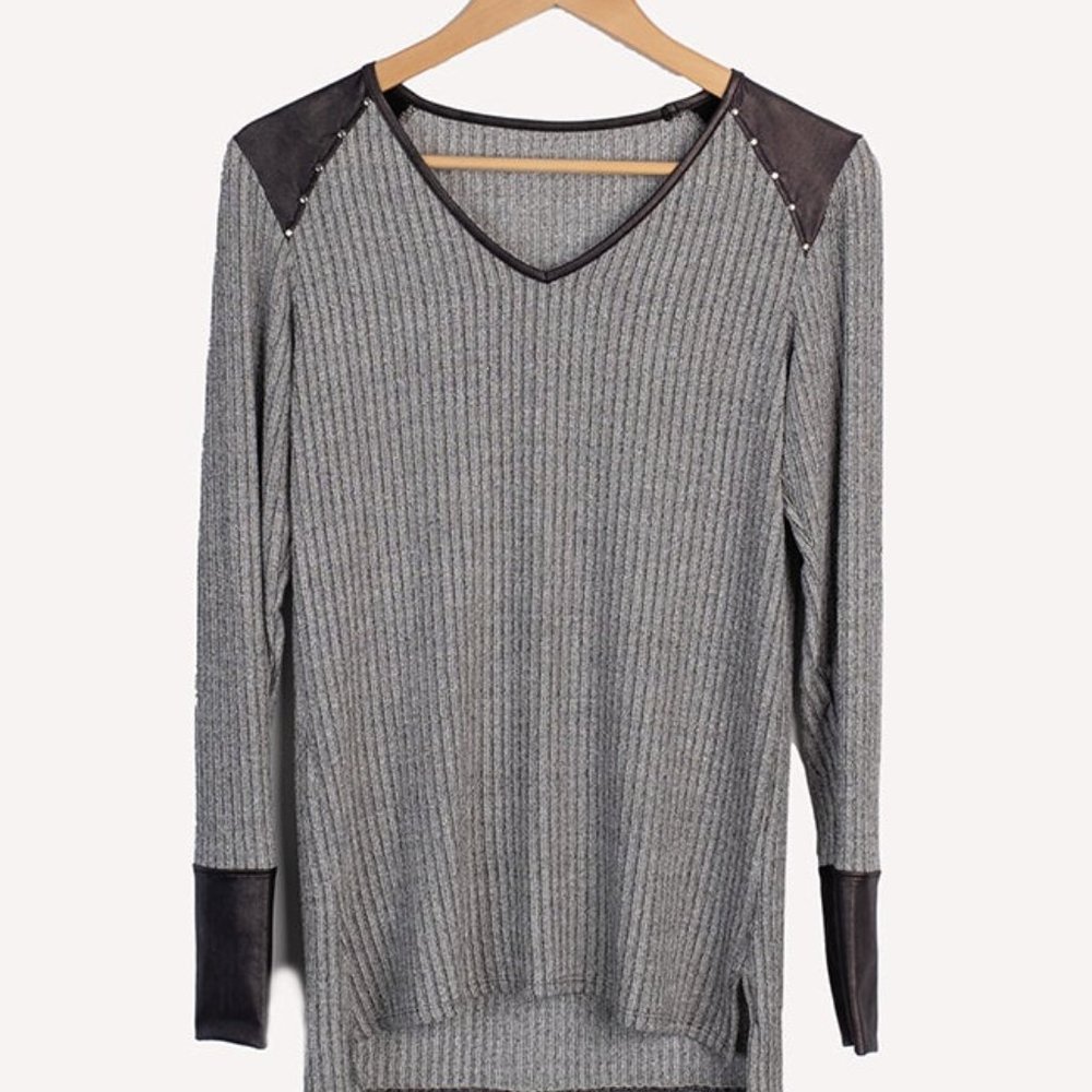 V neck sweatershirt with faux leather studded details